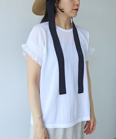 yuni|△強撚C/Ny sheer gather sleeve pullover 1701CT008261