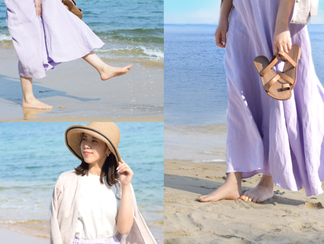 日差しがきつい海は、UVカットのカーディガンとハットは必須アイテム。
砂浜を歩くなら足元は脱ぎ履きのしやすいサンダルで。