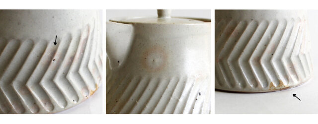 ※※ 本商品はすべて手作業のため大きさに個体差が見られます。予めご了承ください。
サイズが気になる方はご購入前に一度お問合せください。
【画像左】ピンホールがある場合がございます。
【画像中央】釉薬のかかり具合に個体差があり、見え方や色合いは一つ一つ異なります。
【画像右】部分的に釉薬の垂れやムラによるシミのような模様が生じる場合がございます。
商品の特性として予めご了承をお願いいたします。