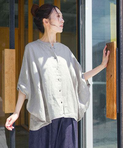 mizuiro ind|【SALE 10%OFF】リネンスタンドカラーコクーンシャツ トップス リネンシャツ ブラウス 半袖 ドルマンスリーブ 2-230148