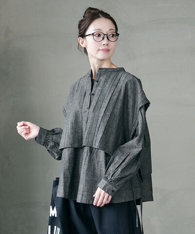 tumugu|5ozコットンリネンスラブデニム ベスト付プルオーバー ブラウス レディース tb24316