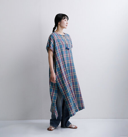 INDIA INDUSTRY|コットン マドラスチェック カフタン ワンピース nd-g0123mcb