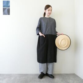 homspun|ライトオンスシャンブレー比翼配色7分袖ワンピース(252-1644)ホームスパン