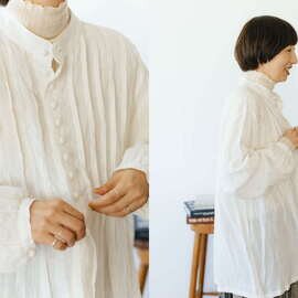 ichi Antiquités｜French Linen  Band Collar Tuck Blouse／ホワイト