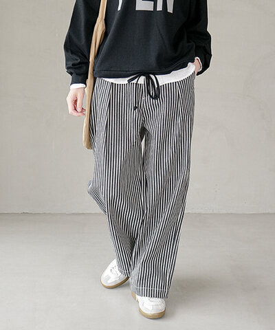 8RAYNS|ストレッチヒッコリー インタックイージーバギーパンツ バギージーンズ ストライプ 綿 コットン ボトムス ズボン デニム 8r-hic-bg