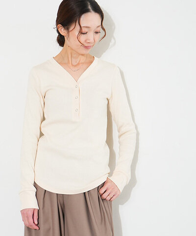 MIDIUMISOLID|リブヘンリーネックプルオーバー トップス Tシャツ カットソー リブ Vネック 長袖 1-112219