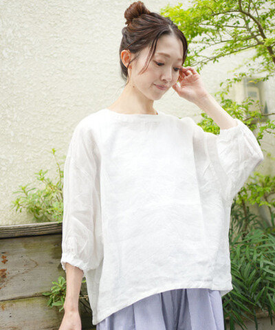 setten|【SALE 20%OFF】1/60リネンキャンバス ギャザースリーブブラウス レディース トップス シャツ 七分袖 7分袖 set-3066