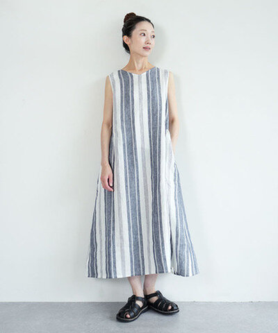 blue willow|Lノースリーブギャザーワンピース レディース リネン ロング丈 Vネック ノースリーブ ストライプ 01fup15318