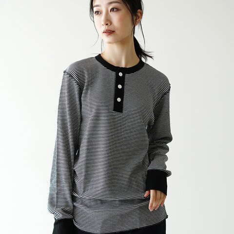 Healthknit| ベーシック ワッフル ヘンリーネック ロングスリーブ トップス ボーダー 長袖Tシャツ カットソー 601L ヘルスニット