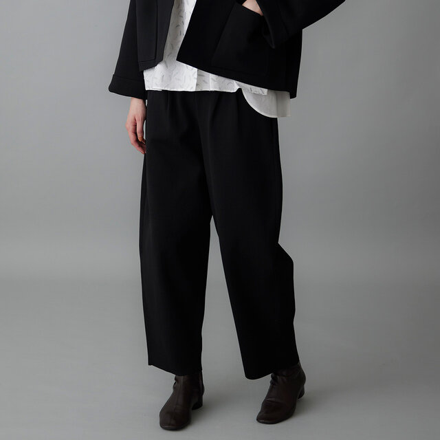 柔らかな光沢とややかためのしっかりとした編地のポリエステル素材で仕立てたタックパンツです。
ウエストの両サイドに入れたタックが立体感を生み、裾に向かってゆるやかに細くなるラインが、すっきりとしたシルエットをつくります。