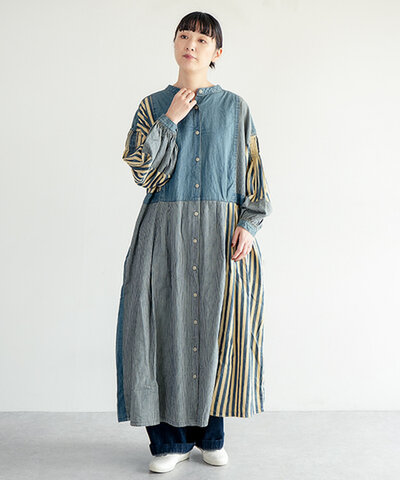 tumugu|デニム×ヒッコリーストライプ 2wayワンピース レディース ゆったり 古着風 TB25313