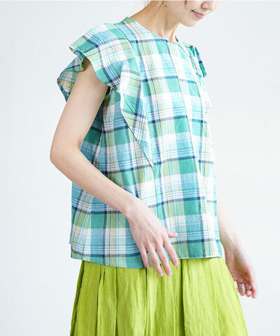 ina|【50%OFF】袖フレンチフリルプルオーバー トップス ブラウス フレンチスリーブ チェック レディース 242103