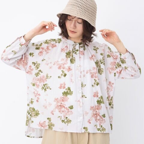 TUTIE.|コットンクレープフラワープリントバンドカラーブラウス