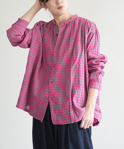 ichi Antiquités|ギンガムチェックシャツ レディース トップス ブラウス シャツ リネン 麻 柄 ノーカラー 1100904