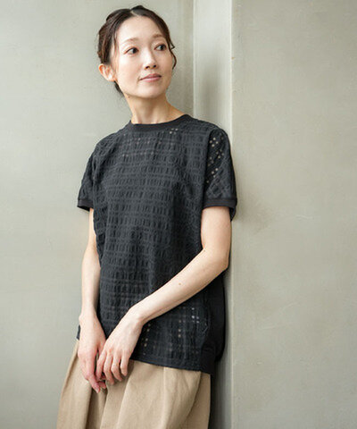 prit|prit(プリット) 32/1微強撚引き揃え天竺×シアーサッカーチェック 切替ショートスリーブプルオーバー p92605